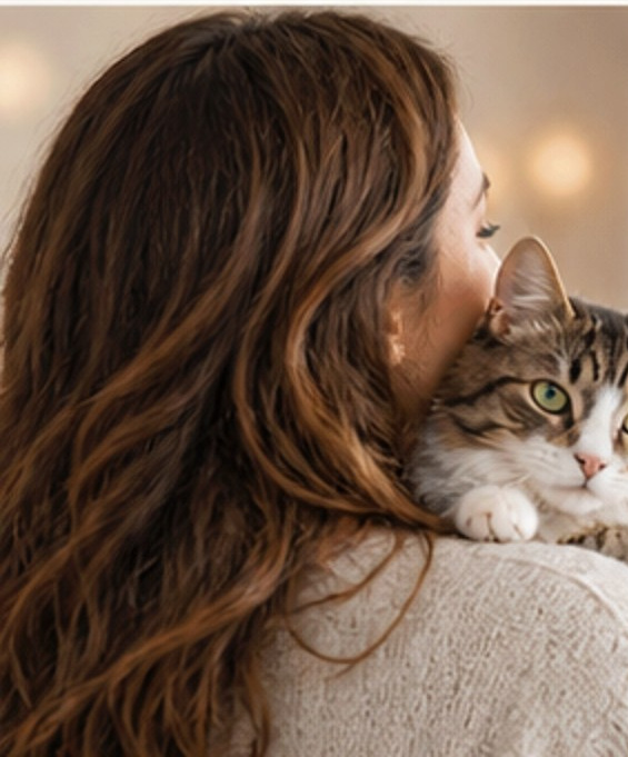 Une personne câline son chat chez elle